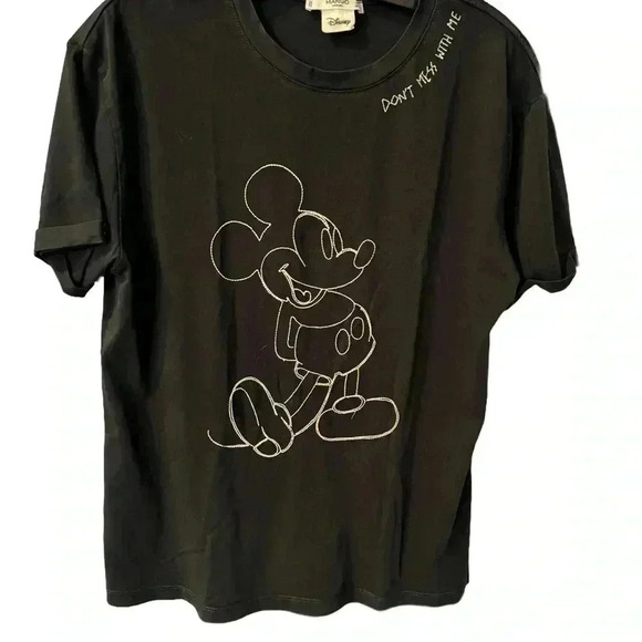 Mango Mickey Mouse Embroidered Tee Shirt Womens Size XS Black Short Sleeve - Picture 2 of 13